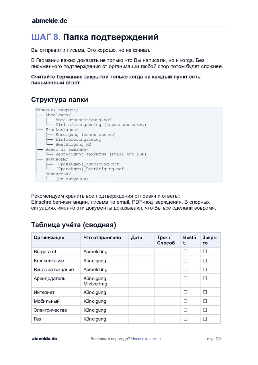Пример страницы Протокола выезда из Германии